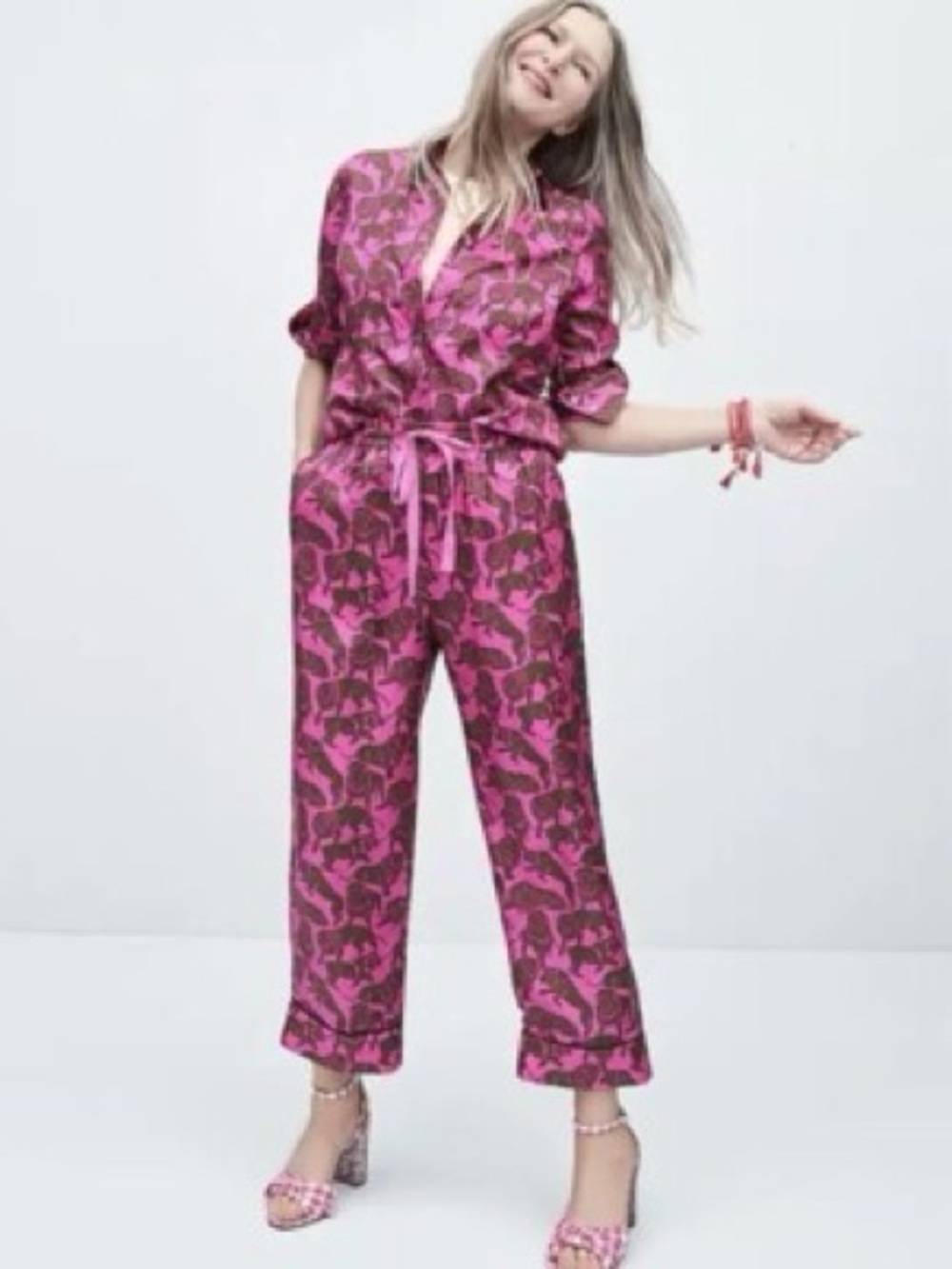 J. Crew collection silk twill lion shirt pant set size 4 2